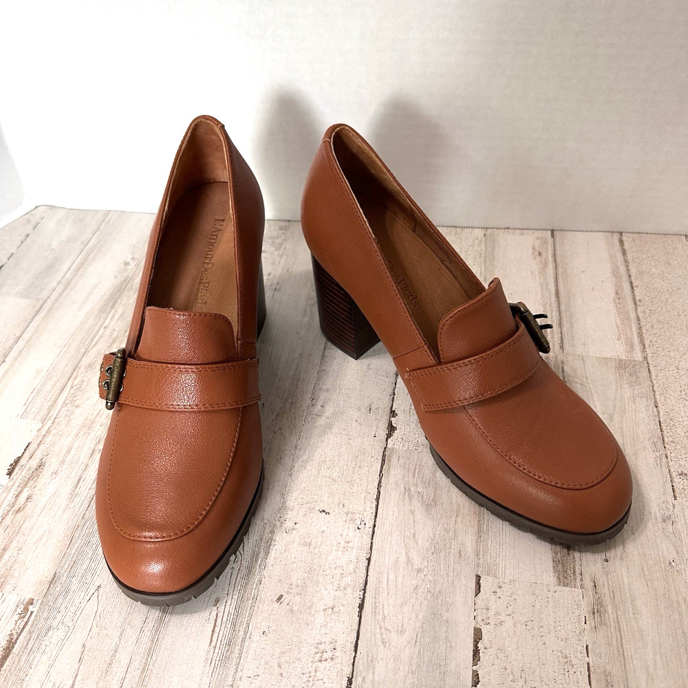 L'Amour Des Pieds Shoes Heeled Loafer Pumps Cognac Work Buckle 10M Retro Y2K